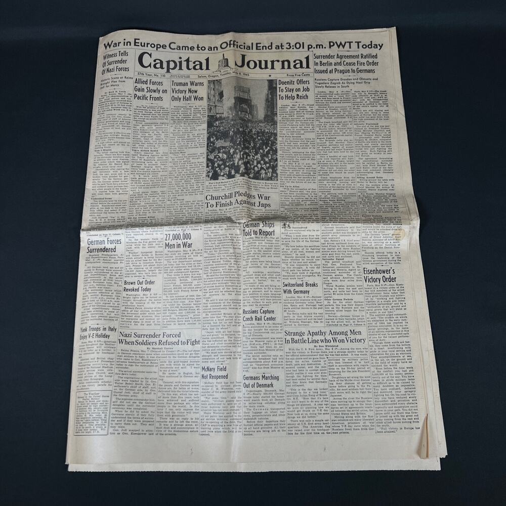 1945 may 8 “War in Europe Came to an Official End at 3:01 p.m. newspaper vintage